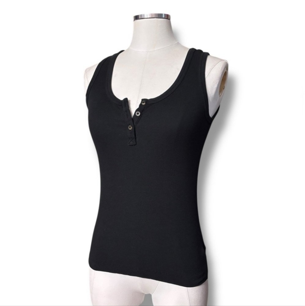 JOIE Black Scoop Neck Henley Ribbed Tank